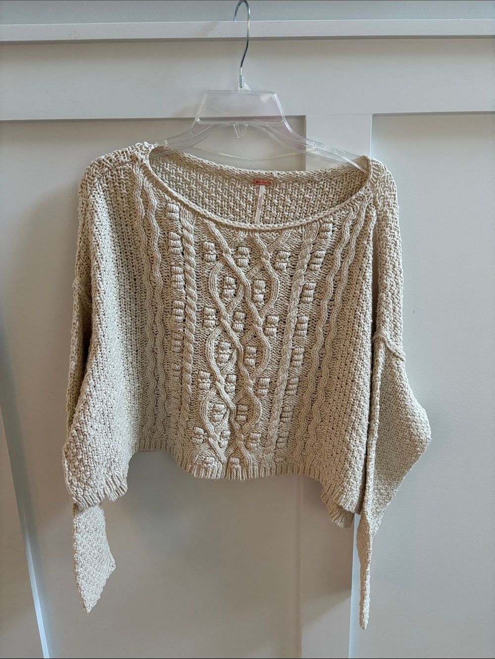 Free People Cream Cable Knit Scoop Neck Crop Sweater